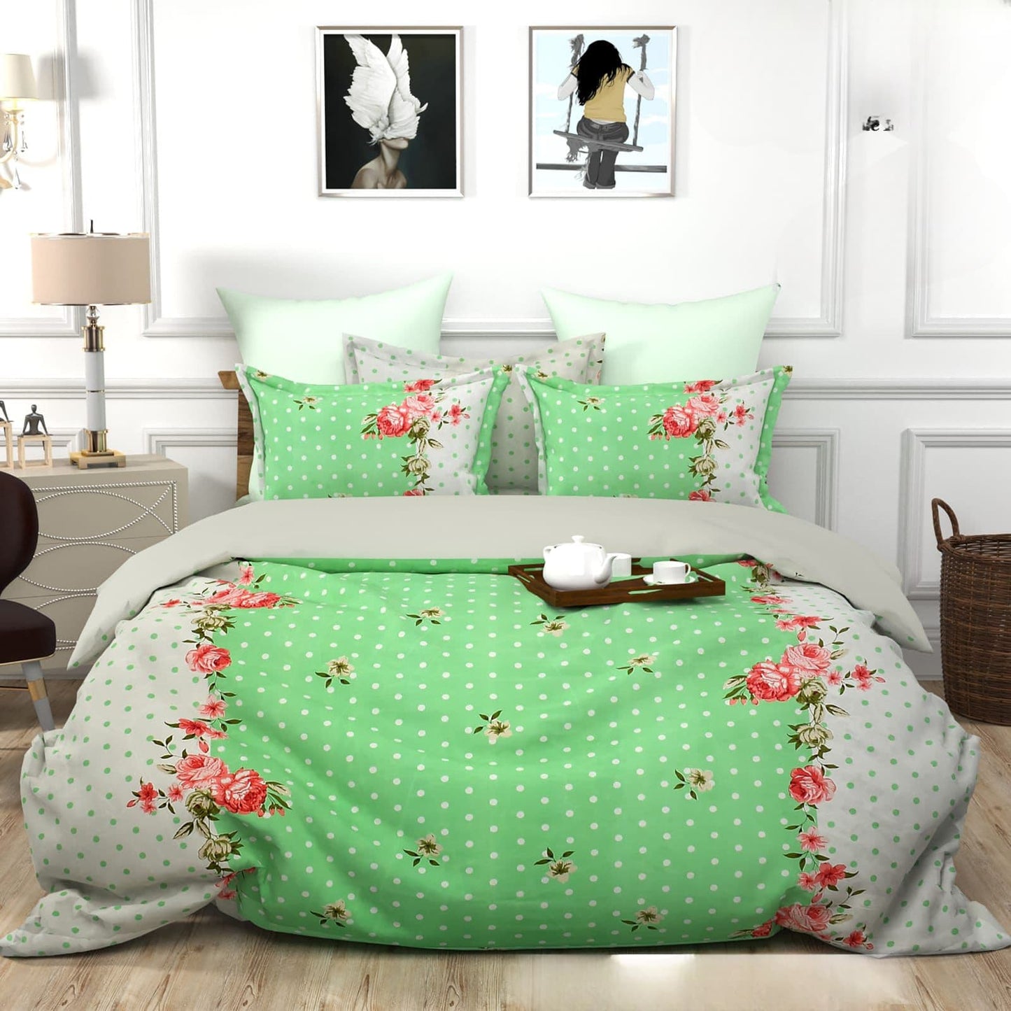 GREEN DOTTED Premium  Fitted Elastic Bedsheet With Two Pillow Covers  (72X78X Upto 10 Inches) & 360 Degree Elasticated