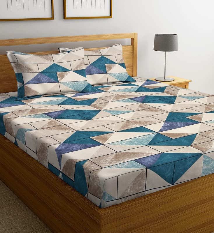 GEOMETRIC Premium  Fitted Elastic Bedsheet With Two Pillow Covers  (72X78X Upto 10 Inches) & 360 Degree Elasticated