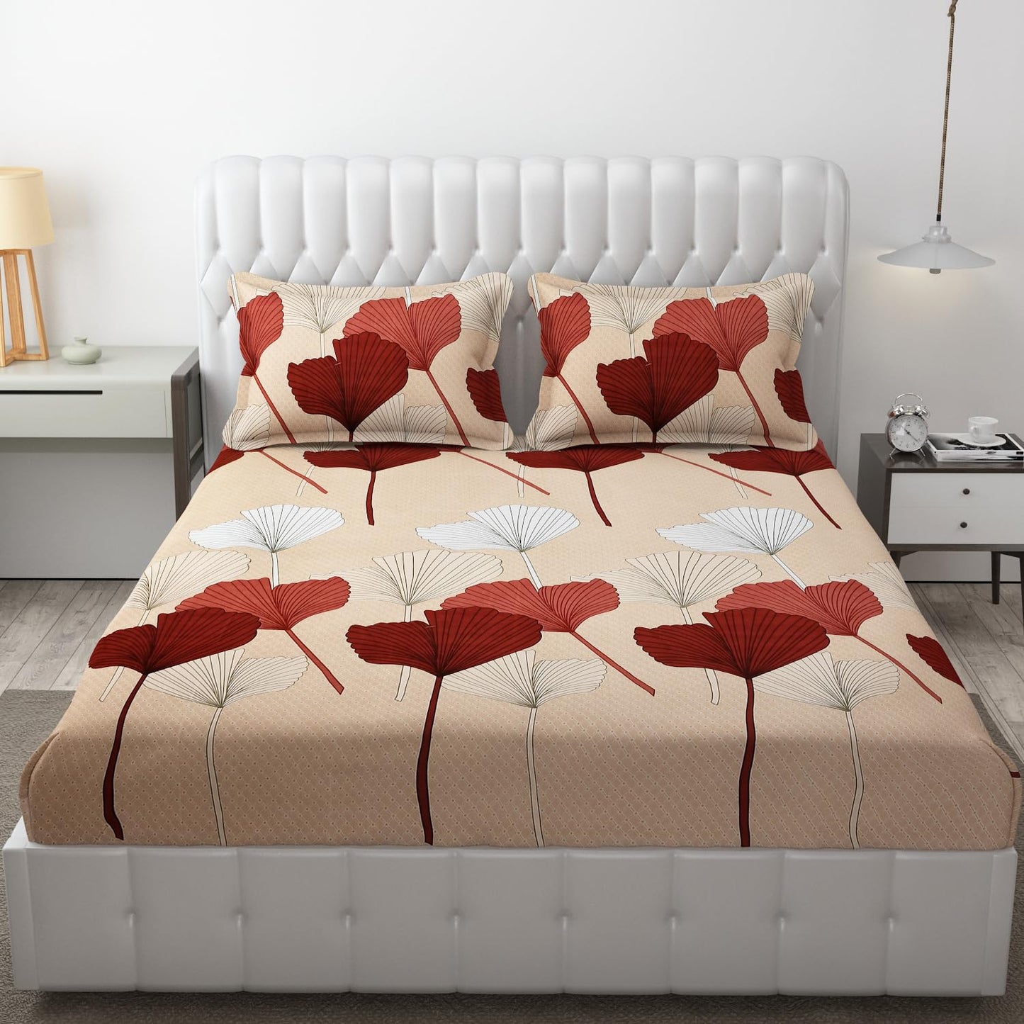 BIG RED LEAVES Premium  Fitted Elastic Bedsheet With Two Pillow Covers  (72X78X Upto 10 Inches) & 360 Degree Elasticated