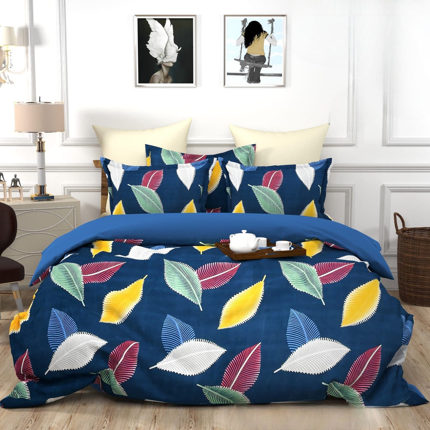 BLUE LEAVES Premium  Fitted Elastic Bedsheet With Two Pillow Covers  (72X78X Upto 10 Inches) & 360 Degree Elasticated