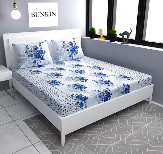 White Base Premium  Fitted Elastic Bedsheet With Two Pillow Covers  (72X78X Upto 10 Inches) & 360 Degree Elasticated