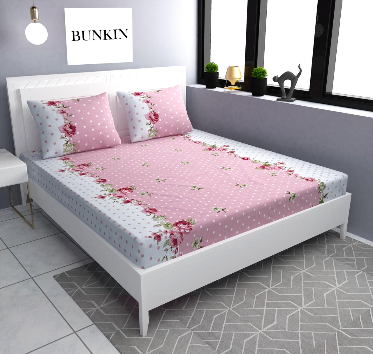 PINK DOTTED Premium  Fitted Elastic Bedsheet With Two Pillow Covers  (72X78X Upto 10 Inches) & 360 Degree Elasticated