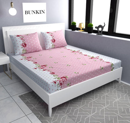 PINK DOTTED Premium  Fitted Elastic Bedsheet With Two Pillow Covers  (72X78X Upto 10 Inches) & 360 Degree Elasticated