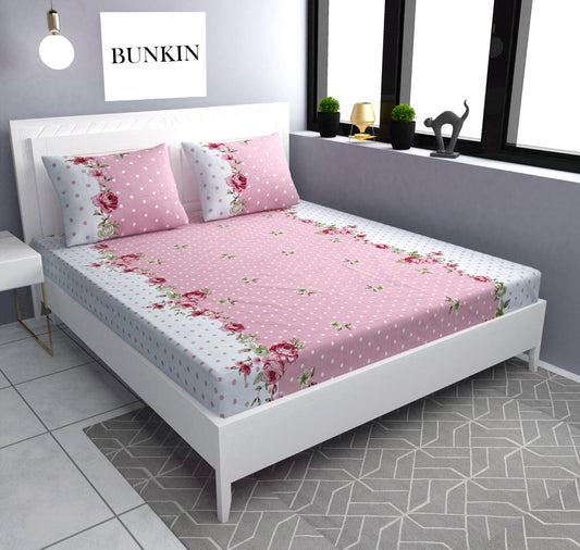 PINK DOTTED Premium  Fitted Elastic Bedsheet With Two Pillow Covers  (72X78X Upto 10 Inches) & 360 Degree Elasticated