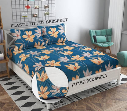 ORANGE LEAVES Premium  Fitted Elastic Bedsheet With Two Pillow Covers  (72X78X Upto 10 Inches) & 360 Degree Elasticated | BS