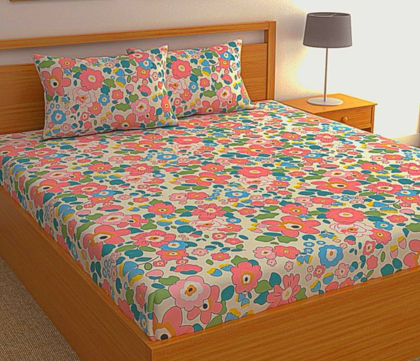 Multi Floral Premium  Fitted Elastic Bedsheet With Two Pillow Covers  (72X78X Upto 10 Inches) & 360 Degree Elasticated | BS