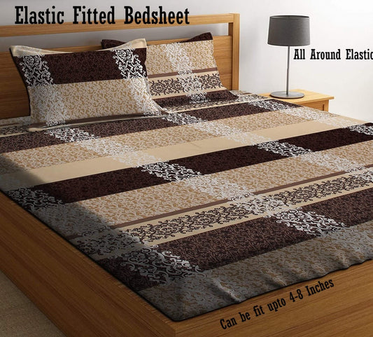 BROWN AND CREAM Premium  Fitted Bedsheet with  2 Pillow Covers  (72X78X Upto 10 Inches) & 360 Degree Elasticated