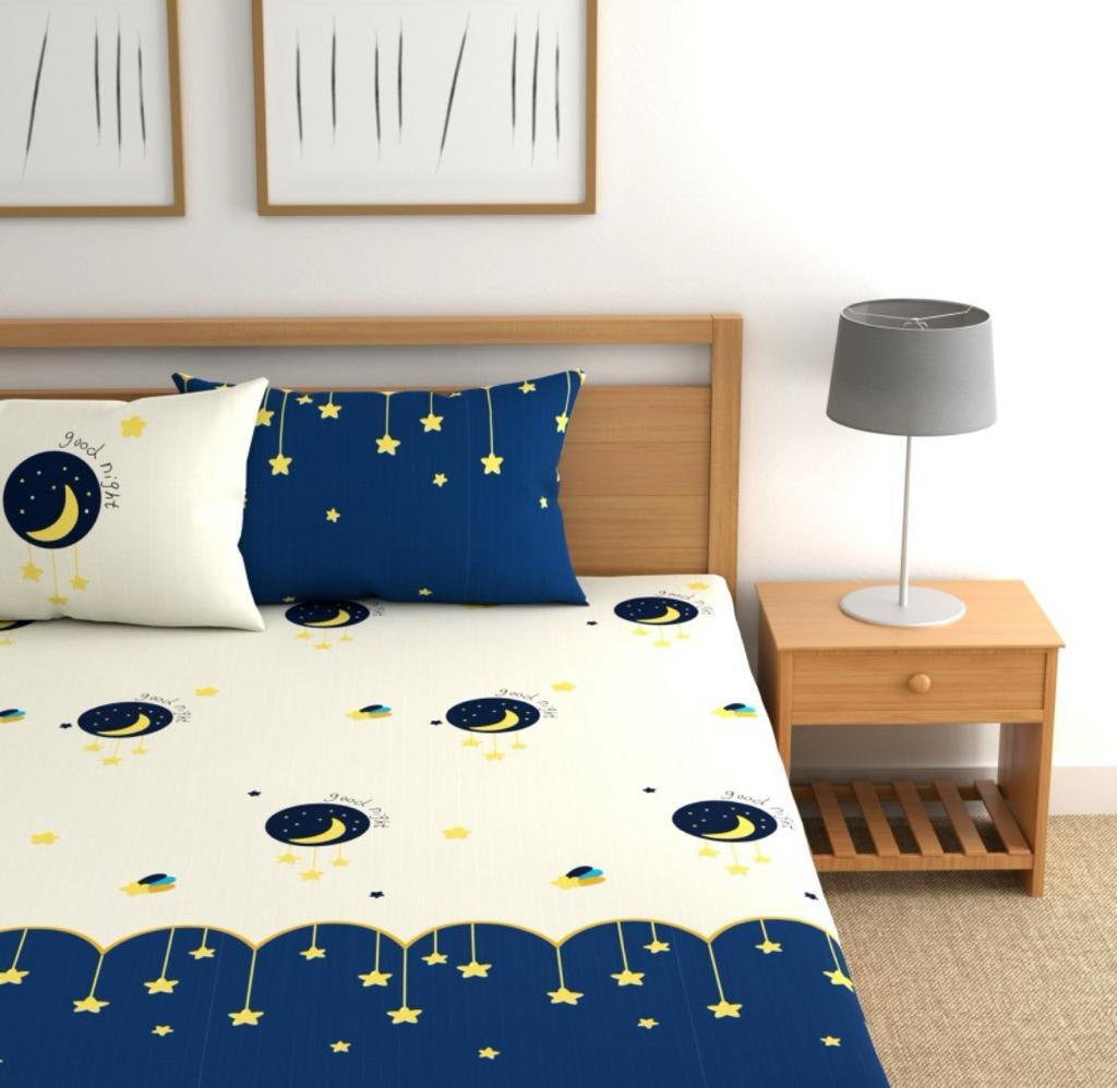 GOOD NIGHT 220 TC  Fitted Floral Bedsheet BLUE AND CREAM with 2 Pillow Covers (72X78X Upto 10 Inches) & 360 Degree Elasticated