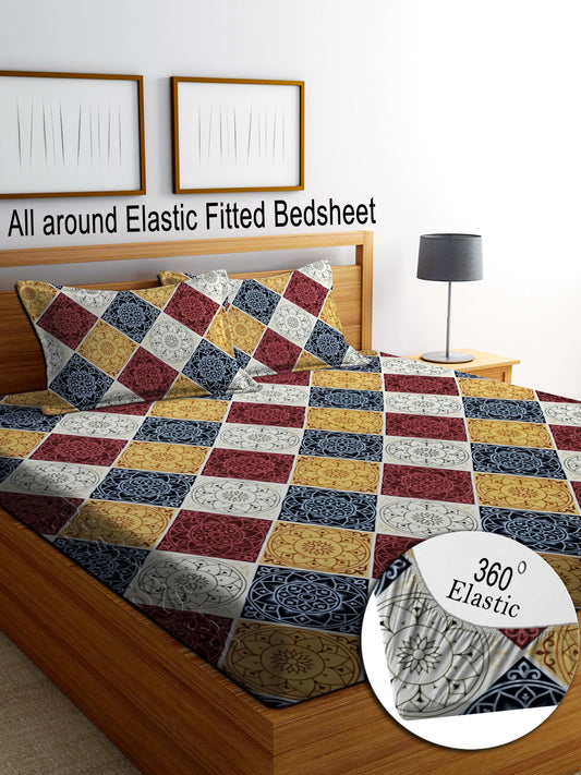 JAIPURI PRINTS Premium  Fitted Floral Bedsheet Multicolor with 2 Pillow Covers (72X78X Upto 10 Inches) & 360 Degree Elasticated
