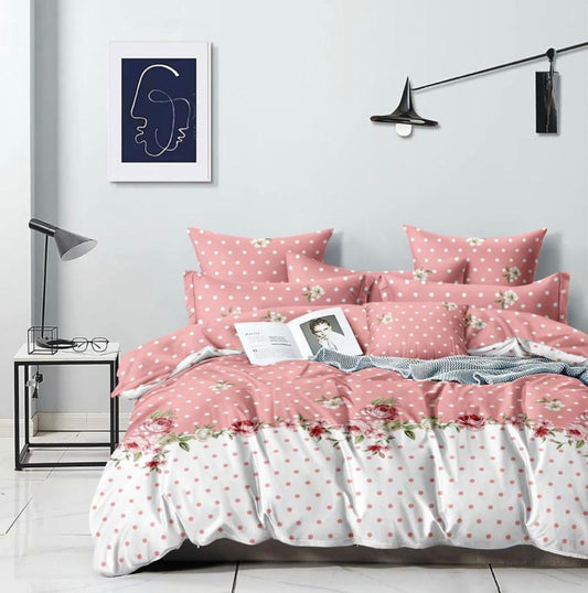 DOTTED PINK Premium  Fitted Bedsheet PINK with 2 Pillow Covers (72X78X Upto 10 Inches) & 360 Degree Elasticated