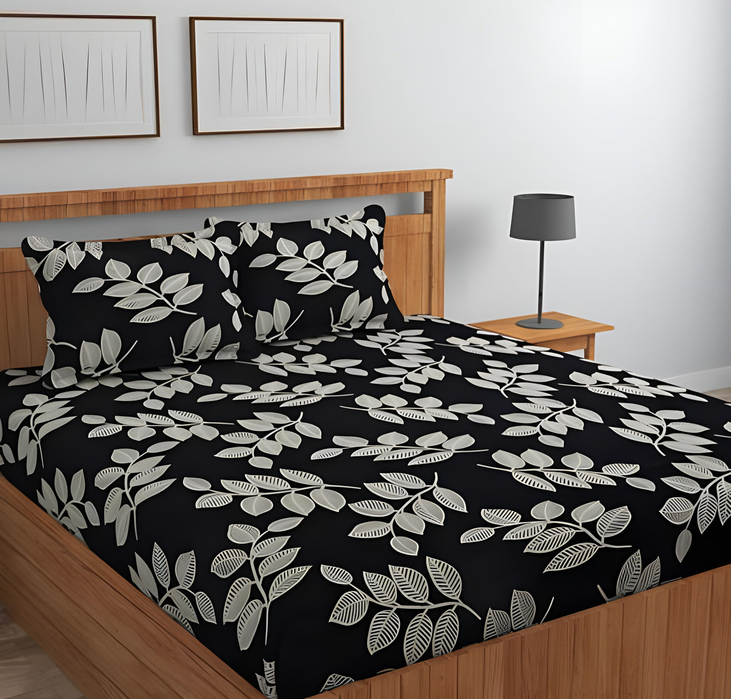 Black LEAVES Premium  Fitted Elastic Bedsheet With Two Pillow Covers  (72X78X Upto 10 Inches) & 360 Degree Elasticated