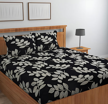 Black LEAVES Premium  Fitted Elastic Bedsheet With Two Pillow Covers  (72X78X Upto 10 Inches) & 360 Degree Elasticated