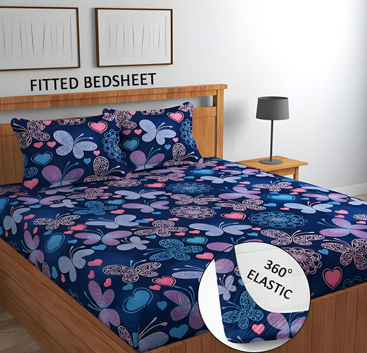 BLUE BUTTERFLIES Premium  Fitted Elastic Bedsheet With Two Pillow Covers  (72X78X Upto 10 Inches) & 360 Degree Elasticated