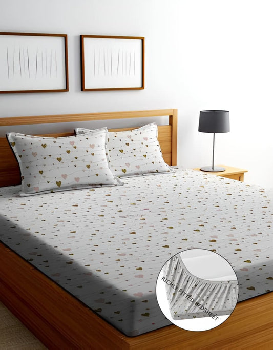 SMALL HEART Premium  Fitted Elastic Bedsheet With Two Pillow Covers  (72X78X Upto 10 Inches) & 360 Degree Elasticated