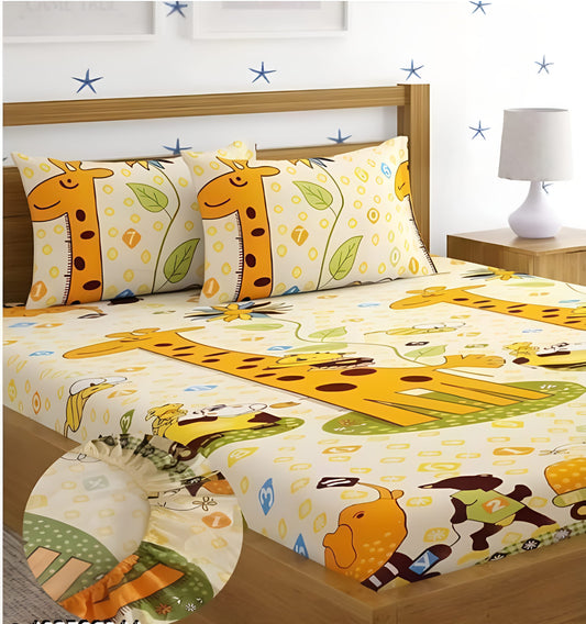 GIRAAFE Premium  Fitted Elastic Bedsheet With Two Pillow Covers  (72X78X Upto 10 Inches) & 360 Degree Elasticated