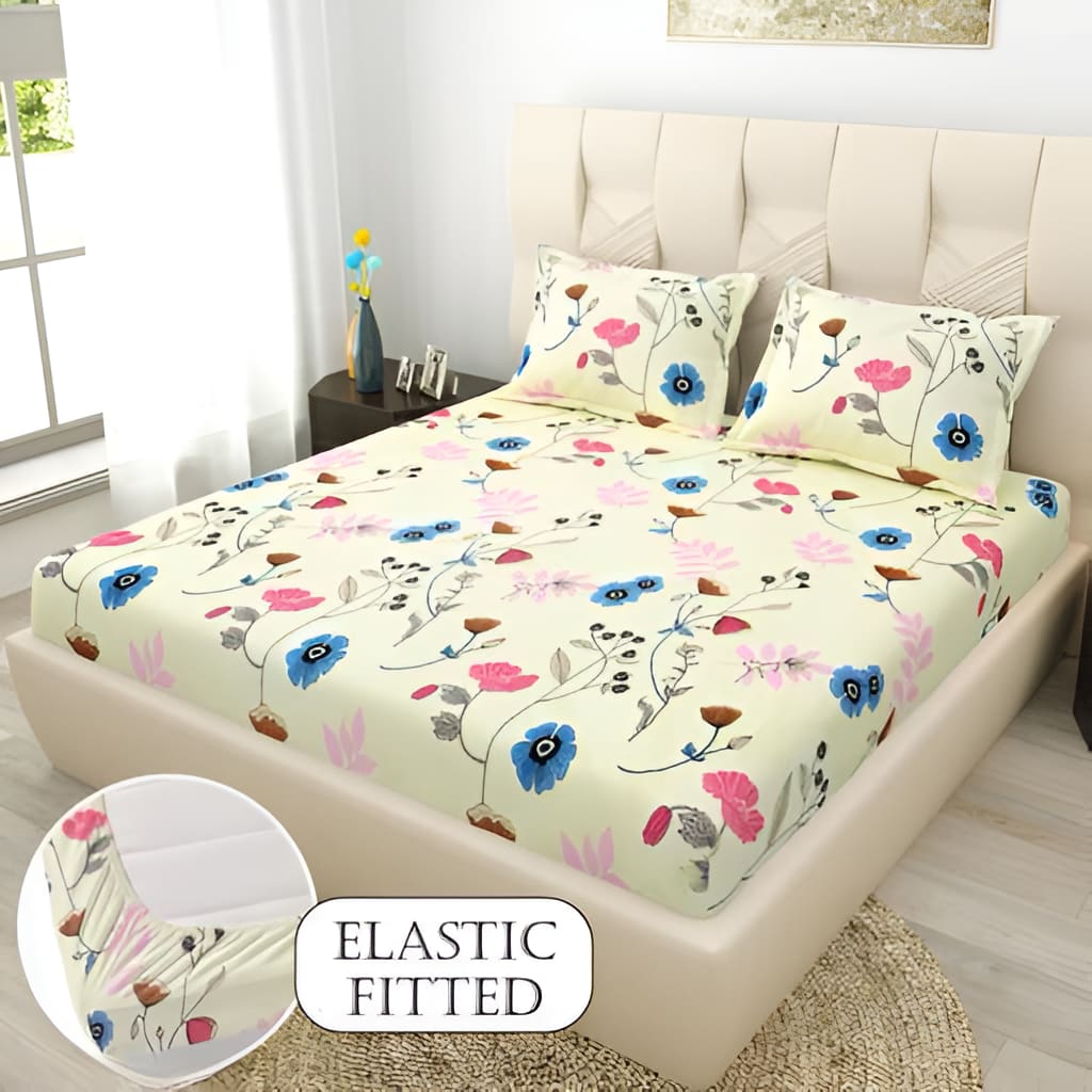 CREAM FUEL Premium  Fitted Elastic Bedsheet With Two Pillow Covers  (72X78X Upto 10 Inches) & 360 Degree Elasticated