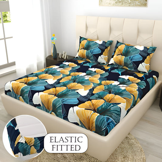 BIG PETALS Premium  Fitted Elastic Bedsheet With Two Pillow Covers  (72X78X Upto 10 Inches) & 360 Degree Elasticated