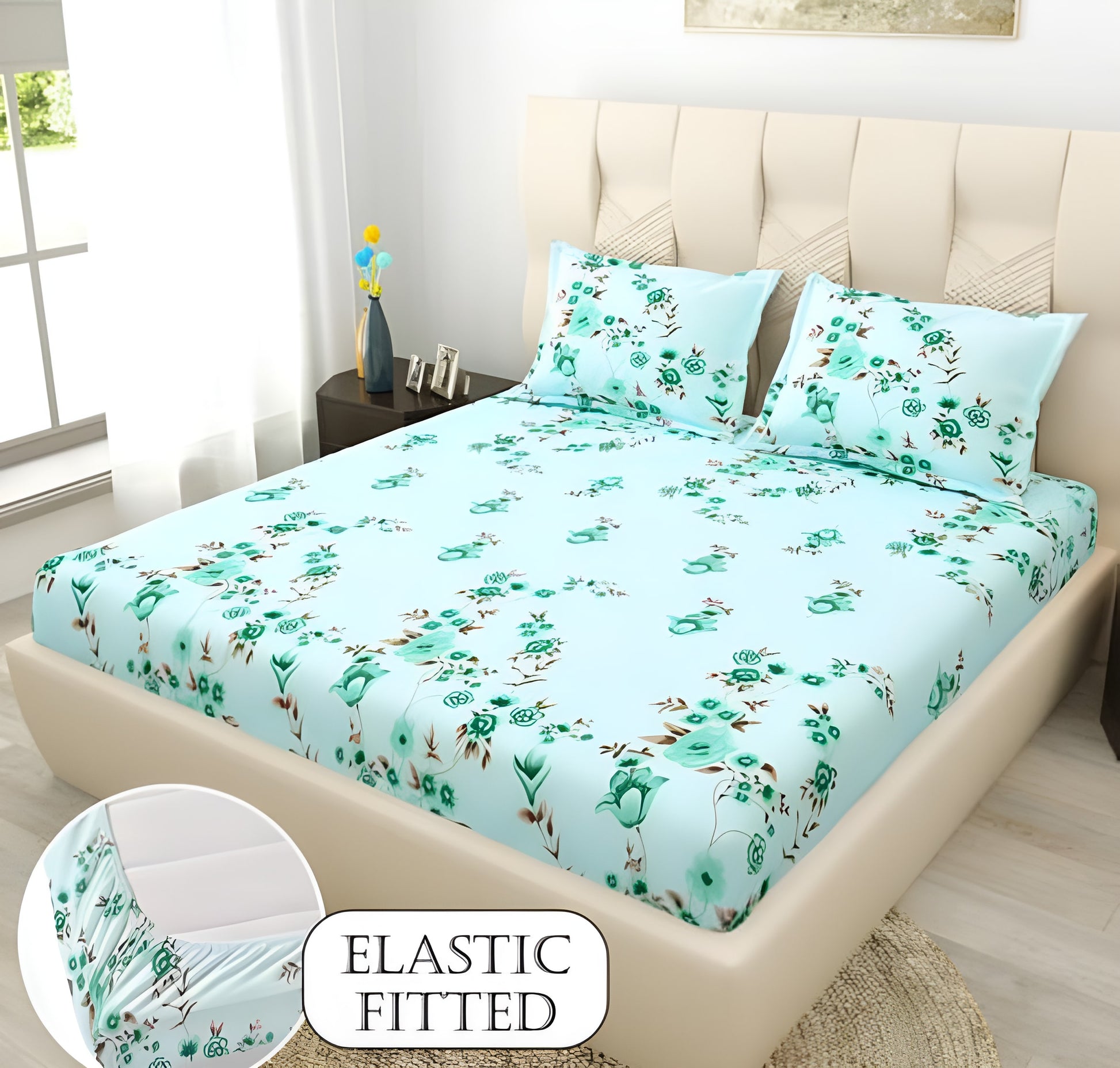 LIGHT GREEN Premium  Fitted Elastic Bedsheet With Two Pillow Covers  (72X78X Upto 10 Inches) & 360 Degree Elasticated