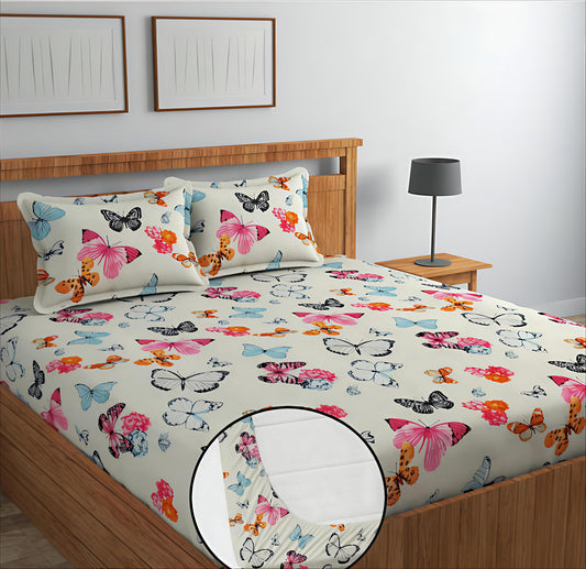 WHITE TITLIS Premium  Fitted Elastic Bedsheet With Two Pillow Covers  (72X78X Upto 10 Inches) & 360 Degree Elasticated