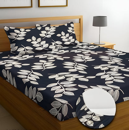 BLACK LEAVES Premium  Fitted Elastic Bedsheet With Two Pillow Covers  (72X78X Upto 10 Inches) & 360 Degree Elasticated