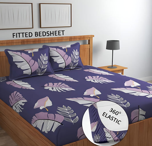 Purple Petals Premium  Fitted Elastic Bedsheet With Two Pillow Covers  (72X78X Upto 10 Inches) & 360 Degree Elasticated
