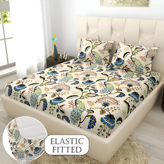 PEACOCK Premium  Fitted Elastic Bedsheet With Two Pillow Covers  (72X78X Upto 10 Inches) & 360 Degree Elasticated