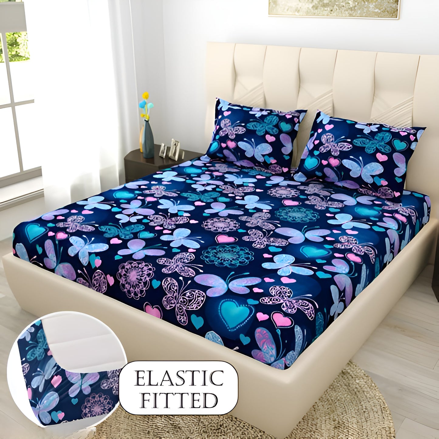 BUTTERFLIES DESIGN Premium  Fitted Elastic Bedsheet With Two Pillow Covers  (72X78X Upto 10 Inches) & 360 Degree Elasticated