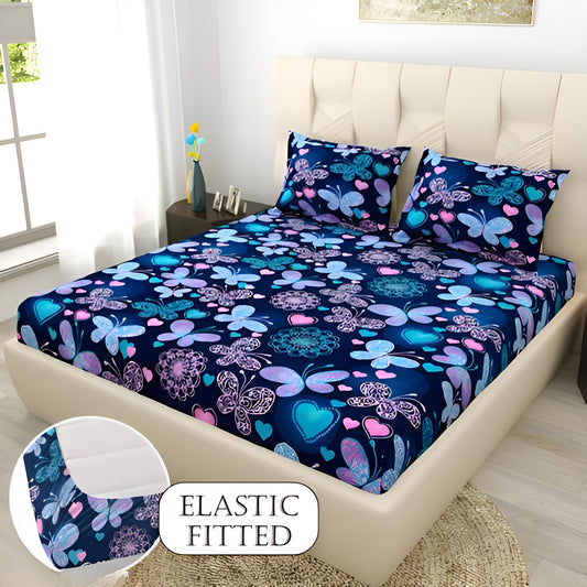 BUTTERFLIES DESIGN Premium  Fitted Elastic Bedsheet With Two Pillow Covers  (72X78X Upto 10 Inches) & 360 Degree Elasticated