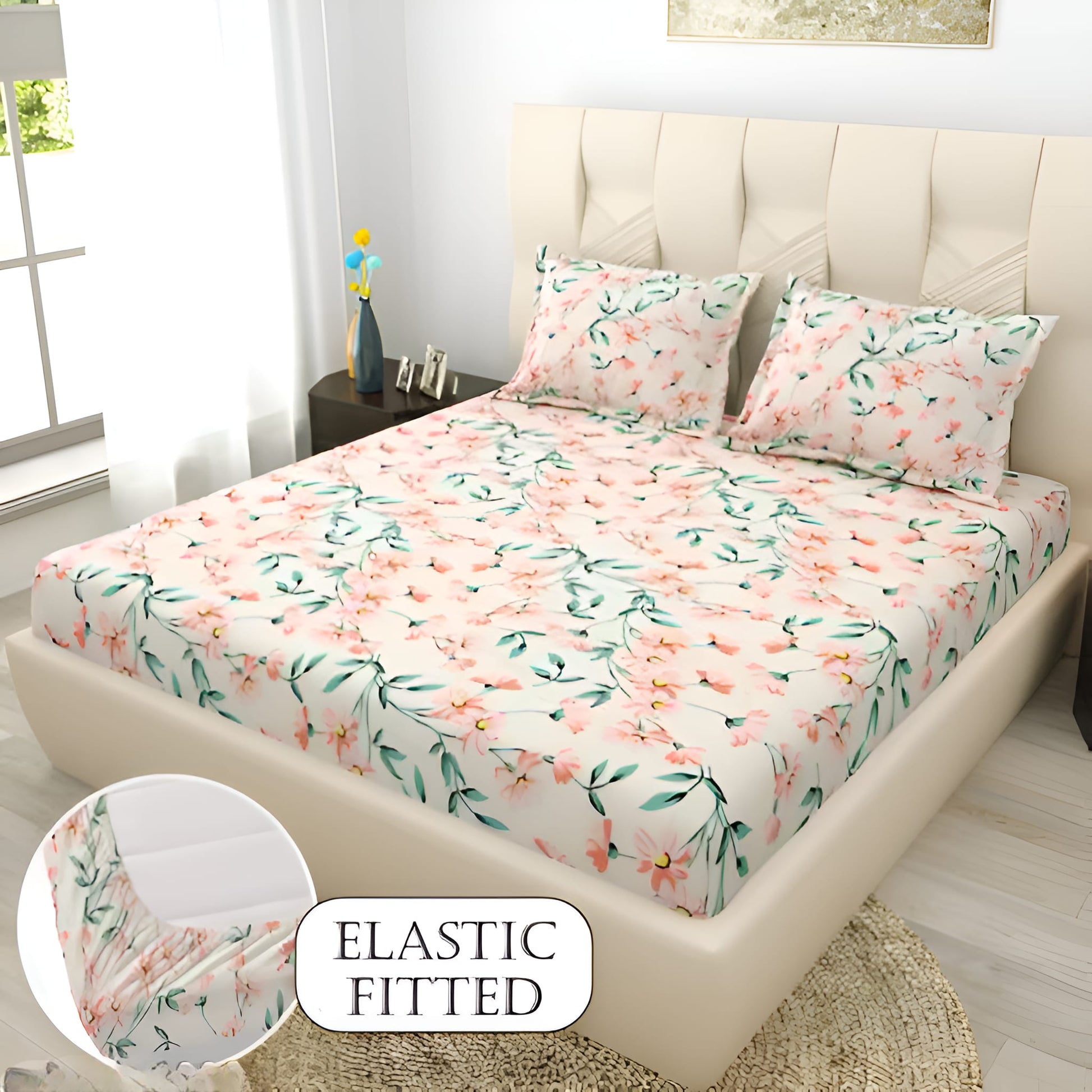 JAIPURI Premium  Fitted Elastic Bedsheet With Two Pillow Covers  (72X78X Upto 10 Inches) & 360 Degree Elasticated