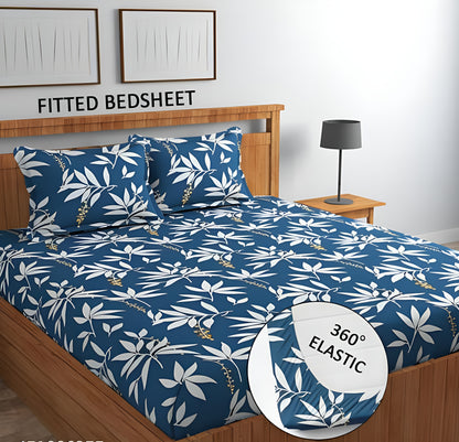 BLUE PATTERN Premium  Fitted Elastic Bedsheet With Two Pillow Covers  (72X78X Upto 10 Inches) & 360 Degree Elasticated