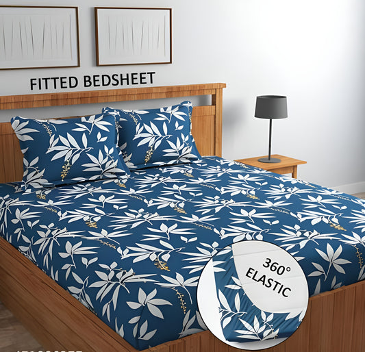 BLUE PATTERN Premium  Fitted Elastic Bedsheet With Two Pillow Covers  (72X78X Upto 10 Inches) & 360 Degree Elasticated