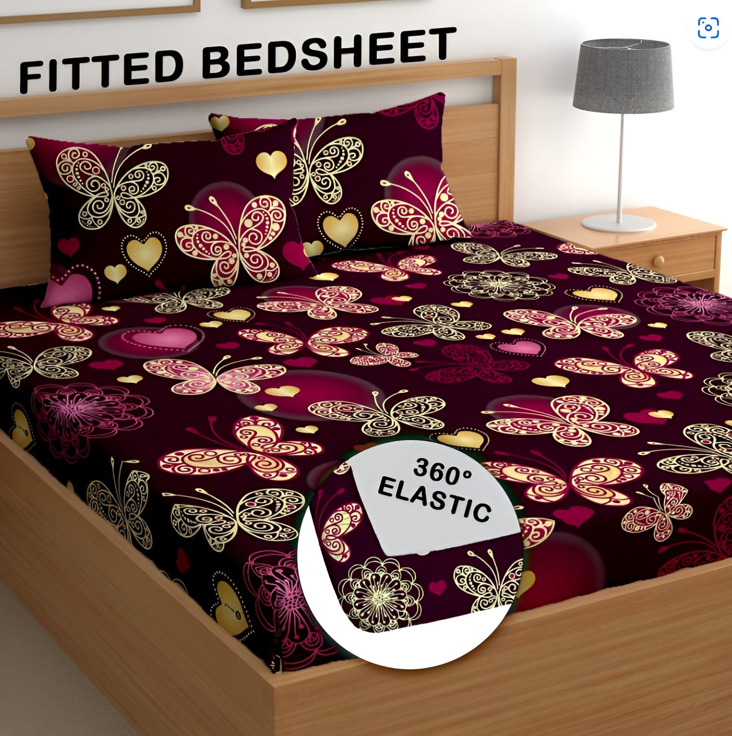 RED BUTTERFLY Premium  Fitted Elastic Bedsheet With Two Pillow Covers  (72X78X Upto 10 Inches) & 360 Degree Elasticated