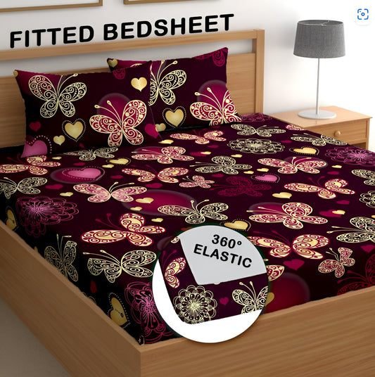 RED BUTTERFLY Premium  Fitted Elastic Bedsheet With Two Pillow Covers  (72X78X Upto 10 Inches) & 360 Degree Elasticated
