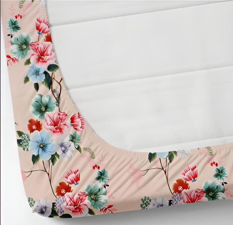 PINK FLOWER Premium  Fitted Elastic Bedsheet With Two Pillow Covers  (72X78X Upto 10 Inches) & 360 Degree Elasticated | BS