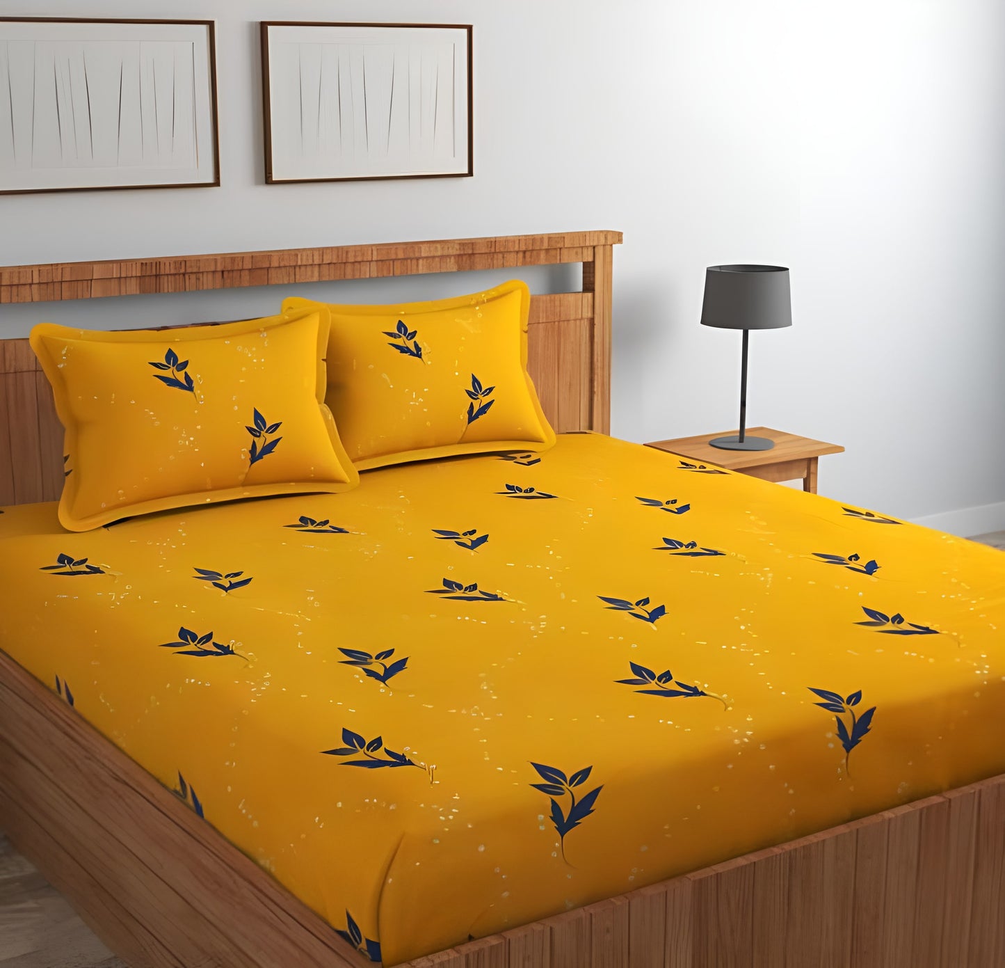 YELLOW PRINT Premium  Fitted Elastic Bedsheet With Two Pillow Covers  (72X78X Upto 10 Inches) & 360 Degree Elasticated | BS