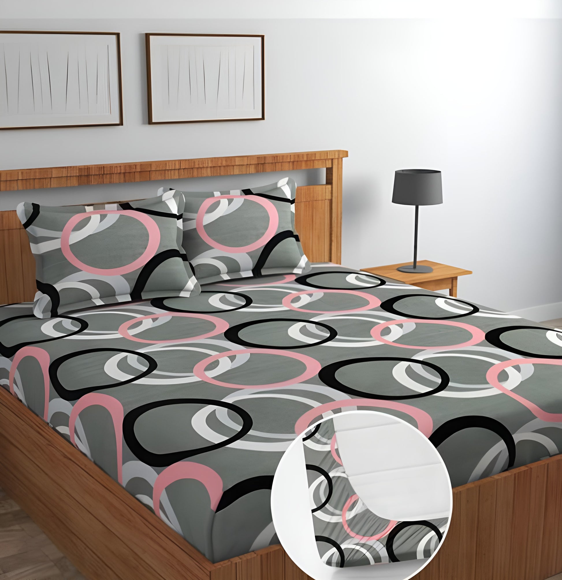 GREY ROUND Premium  Fitted Elastic Bedsheet With Two Pillow Covers  (72X78X Upto 10 Inches) & 360 Degree Elasticated | BS