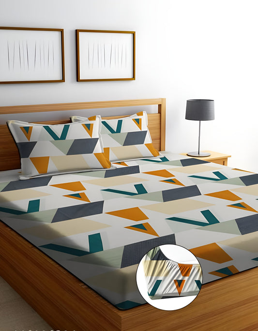 Whiteish Premium  Fitted Elastic Bedsheet With Two Pillow Covers  (72X78X Upto 10 Inches) & 360 Degree Elasticated | BS