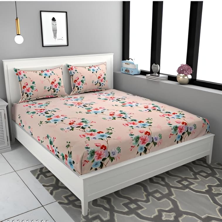 PINK FLOWER Premium  Fitted Elastic Bedsheet With Two Pillow Covers  (72X78X Upto 10 Inches) & 360 Degree Elasticated | BS