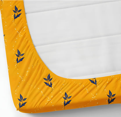 YELLOW PRINT Premium  Fitted Elastic Bedsheet With Two Pillow Covers  (72X78X Upto 10 Inches) & 360 Degree Elasticated | BS