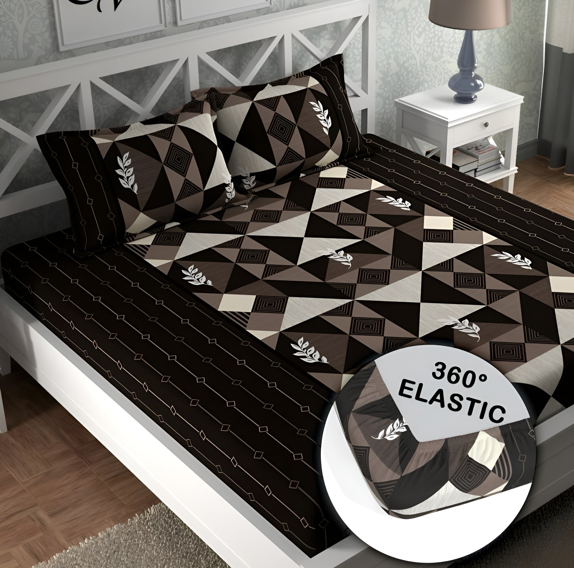BROWN DAMASS Premium  Fitted Elastic Bedsheet With Two Pillow Covers  (72X78X Upto 10 Inches) & 360 Degree Elasticated | BS