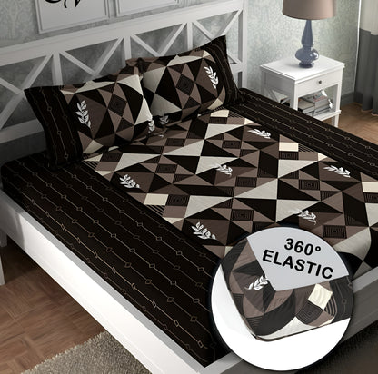 BROWN DAMASS Premium  Fitted Elastic Bedsheet With Two Pillow Covers  (72X78X Upto 10 Inches) & 360 Degree Elasticated | BS