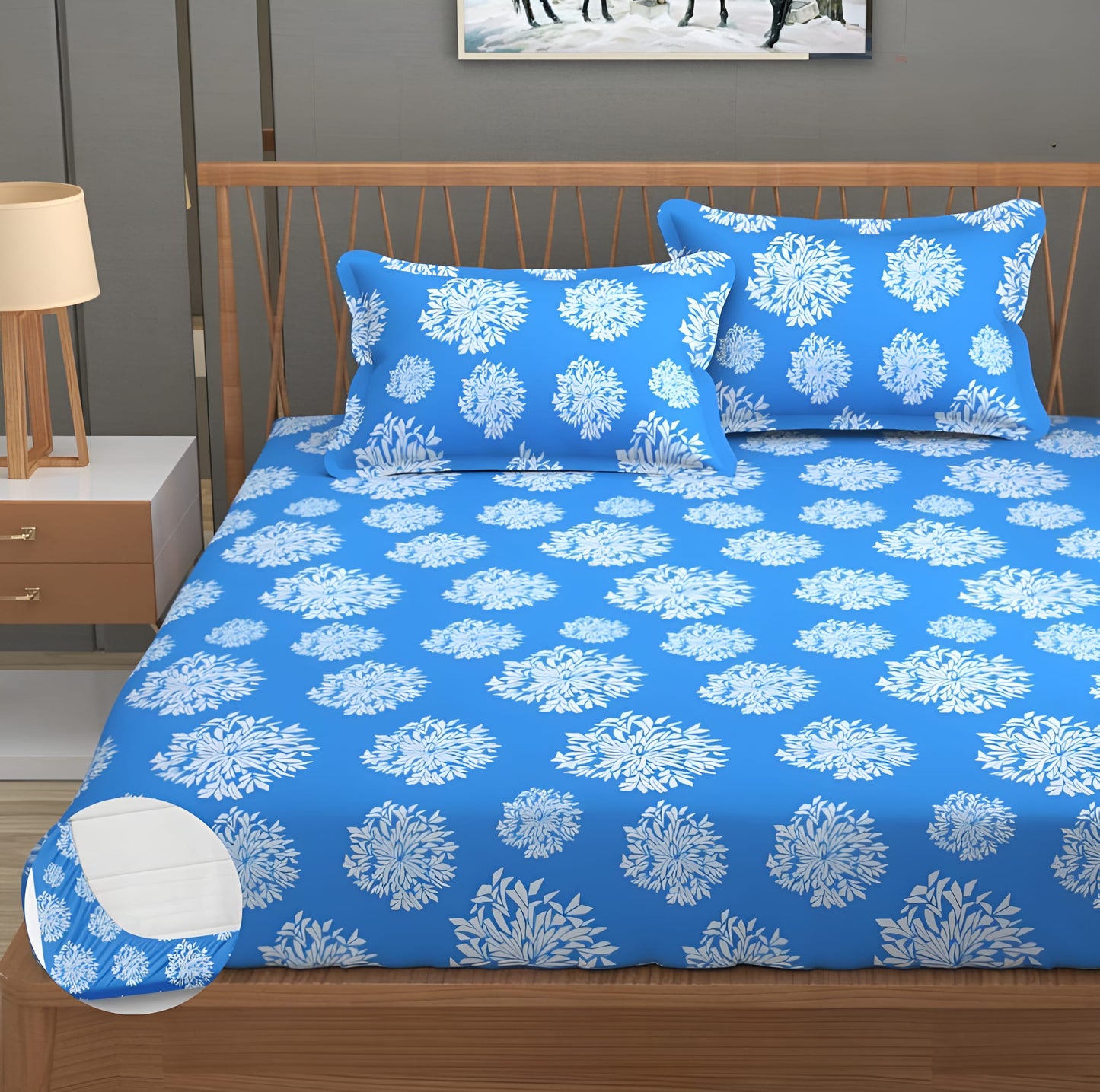 JAIPURI PRINTS Premium  Fitted Elastic Bedsheet With Two Pillow Covers  (72X78X Upto 10 Inches) & 360 Degree Elasticated | BS