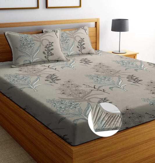 ELEGANT Premium King Size Fitted Floral Bedsheet with 2 Pillow Covers (72X78X Upto 10 Inches) & 360 Degree Elasticated