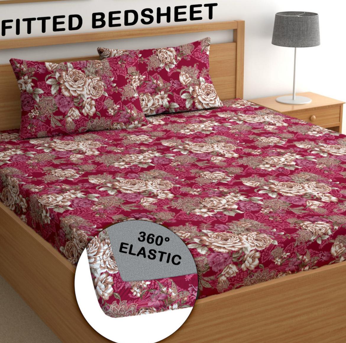 ATTRACTIVE Premium  Fitted Elastic Bedsheet With Two Pillow Covers  (72X78X Upto 10 Inches) & 360 Degree Elasticated