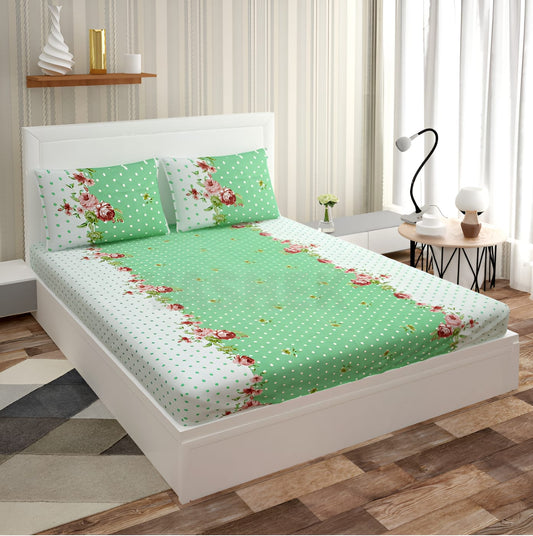 GREEN DOTED Premium  Fitted Floral Bedsheet  (72X78X Upto 10 Inches) & 360 Degree Elasticated