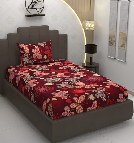 220 TC Red Butterfly Single Bed Fitted Bedsheet Having Size 36X72 (Fits Upto 8 Inches Of Mattress)