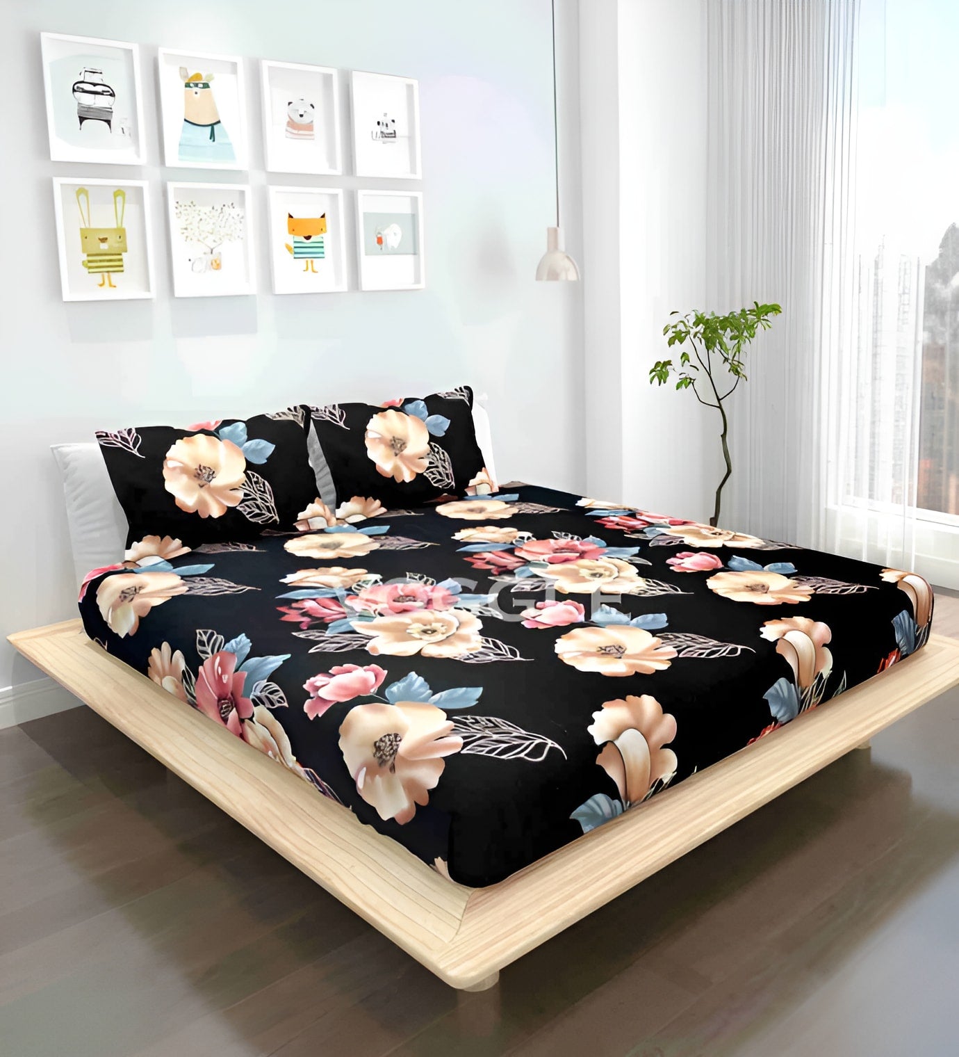 BLACK AND GOLDEN Premium  Fitted Floral Bedsheet Multicolor with 2 Pillow Covers (72X78X Upto 10 Inches) & 360 Degree Elasticated