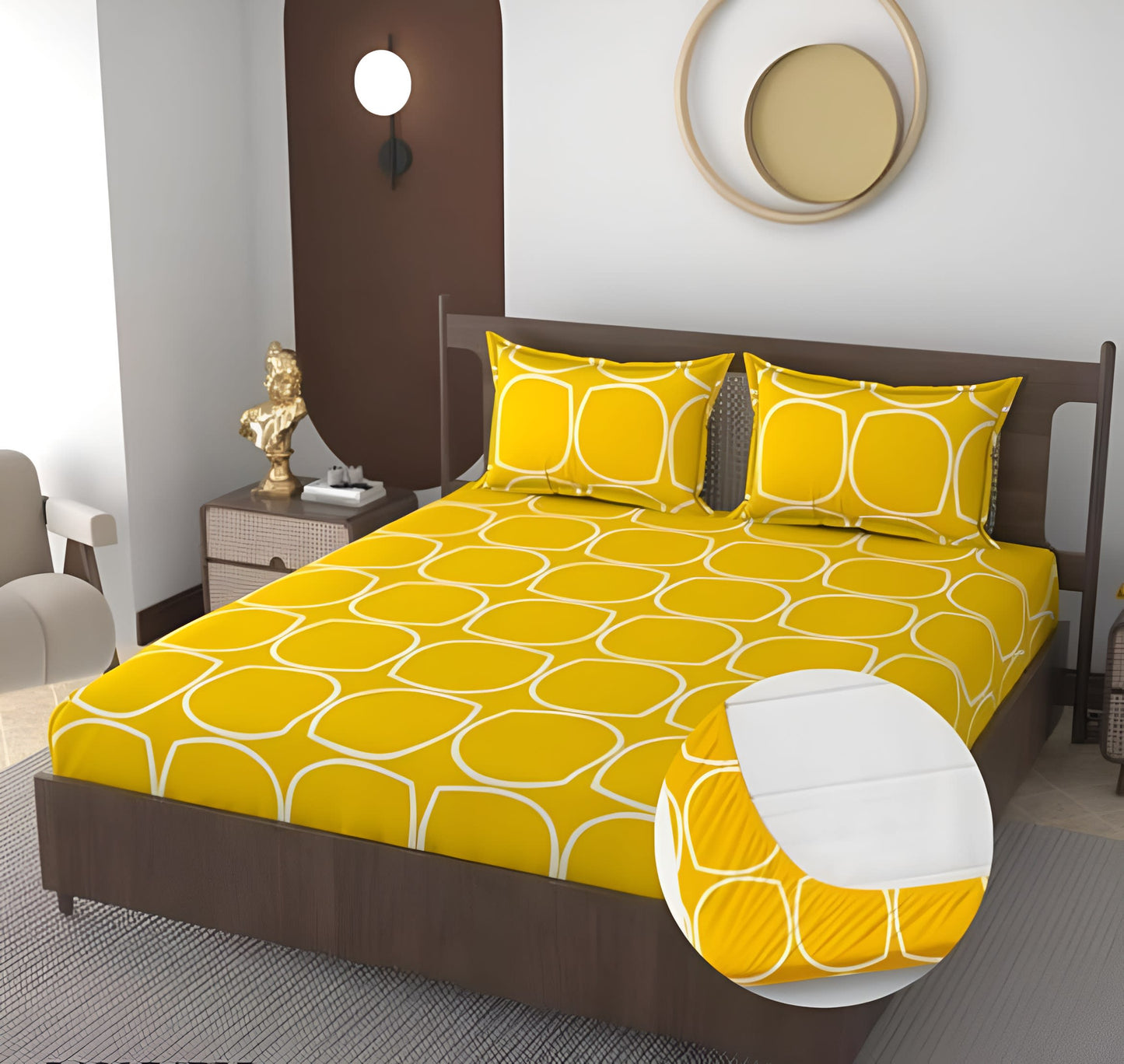 YELLOW CIRCLE Premium King Size Fitted Elastic Bedsheet With Two Pillow Covers (72X78X Upto 10 Inches) & 360 Degree Elasticated