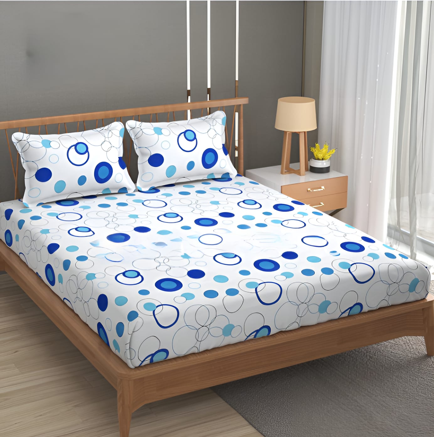 WHITE BASE Premium  Fitted Elastic Bedsheet With Two Pillow Covers (72X78X Upto 10 Inches) & 360 Degree Elasticated