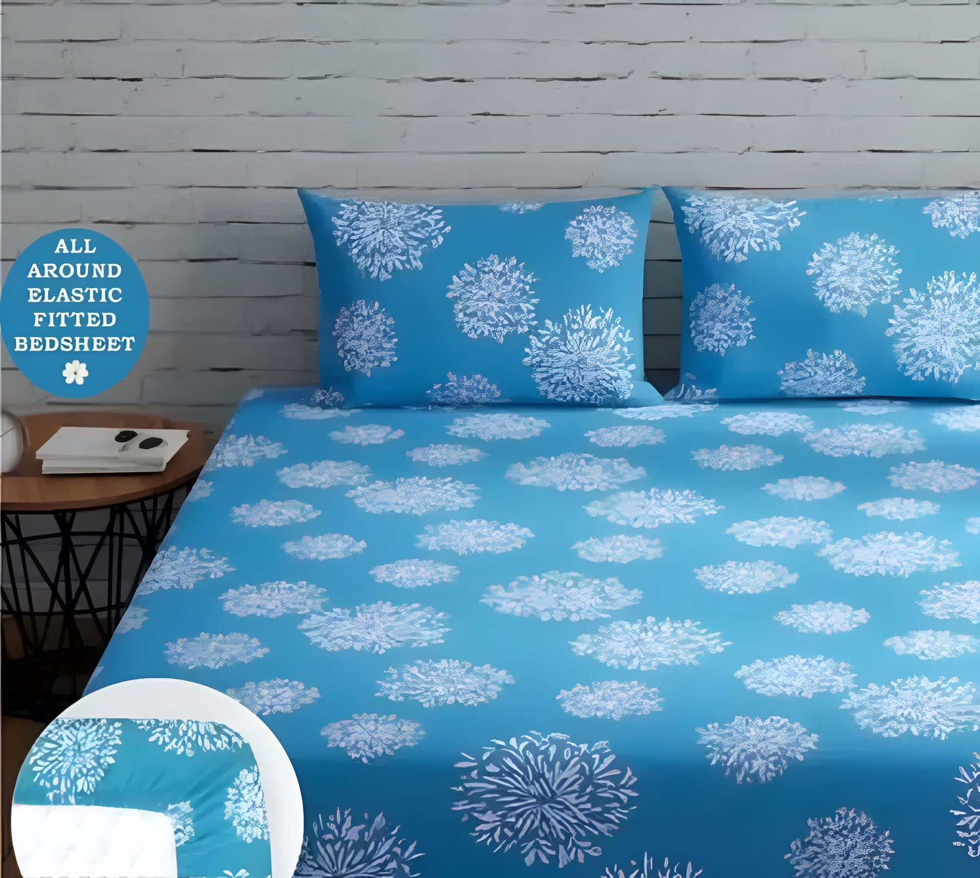 SKY BLUE DAMASS Premium King Size Fitted Elastic Bedsheet With Two Pillow Covers (72X78X Upto 10 Inches) & 360 Degree Elasticated
